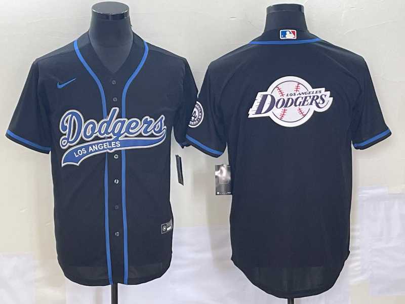 Men%27s Los Angeles Dodgers Black Team Big Logo With Patch Cool Base Stitched Baseball Jersey